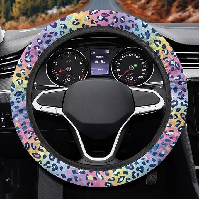 Universal Non-Slip Steering Wheel Cover, 15-inch Polyester Material Driving Accessories, Adjustable for Car and Truck(Dreamy Color Leopard)