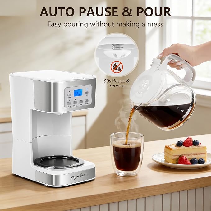 Taylor Swoden 12-Cup Programmable Coffee Maker, Regular & Strong Brew Drip Coffee Machine for Home and Office, Glass Carafe, Pause & Serve, Auto Shut Off, White & Stainless Steel