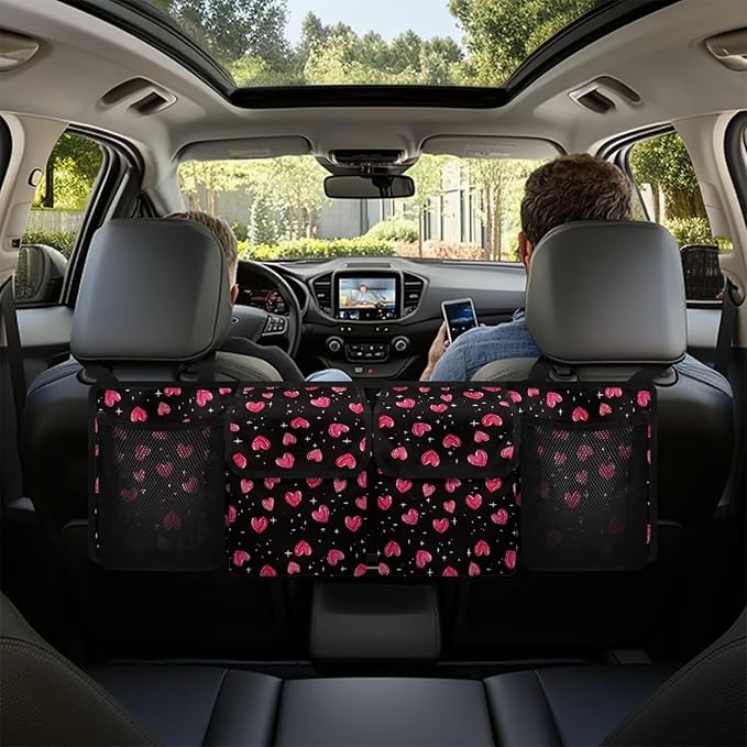 Car Trunk Organizer, Valentine'S Day Love Heart Backseat Storage Bag with 4 Pockets, Waterproof Large Capacity Hanging Collapsible Bag for Most Vehicles, Universal Car Accessories