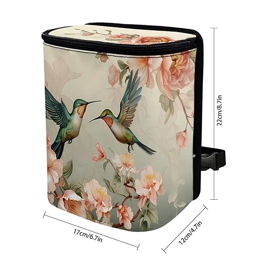 Retro Hummingbird Car Trash Bag Bin Hanging Leak Proof Reusable Automotive Garbage Can with Lid,Durable Car Accessories Auto Organizer and Storage