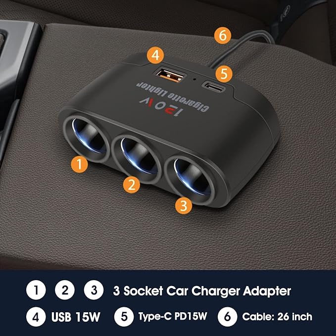 5 in 1 Cigarette Lighter Splitter, 3 Socket Car Charger Adapter + Type-C PD15W Charging + USB Charging Ports, Plug Outlet for All Car 12V/24V Devices