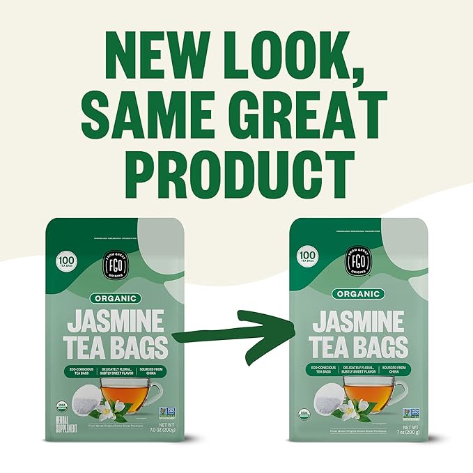 FGO Organic Jasmine Green Tea, 100 Count, Eco-Conscious Tea Bags, Resealable Bag, Packaging May Vary (Pack of 1)