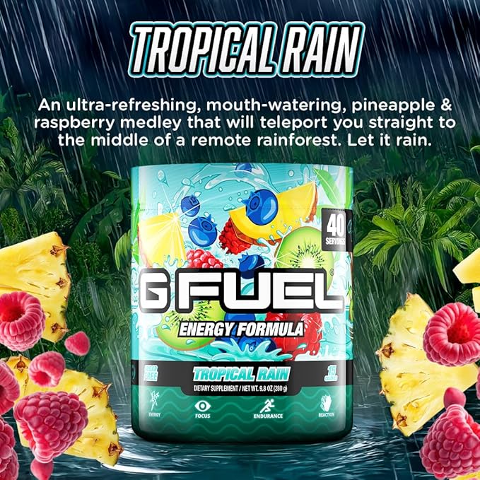 Gamma Labs G Fuel Tropical Rain Energy Drink Powder, Pre Workout Caffeine Mix for Gaming, Sugar Free Focus Amino, Vitamin + Antioxidants, 9.8oz Fruit Medley, 40 Servings