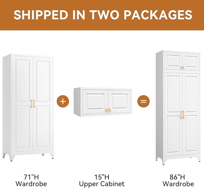 Polup Metal Armoire Closet, 86 Inch Tall Wardrobe Armoire with Hanging Rod, Almirah for Clothes with Doors, 18" D x 32" W x 86" H, White, Assemble Required, Shipped in Two Packages