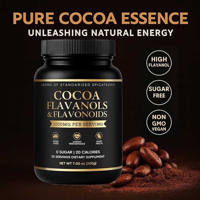 High Flavanol Cocoa Powder - Enhanced with Flavanol, Theobromine, Magnesium & Natural Flavonoids Blend, Supplement for Heart Health, Nitric Oxide & Energy, Sugar Free, Vegan, Non-GMO - 7.05oz (1)