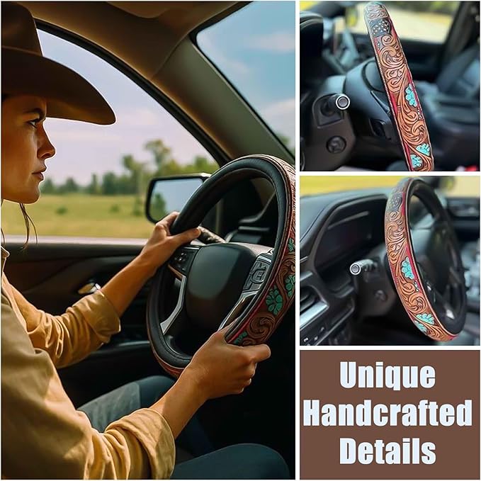 Retro Western Cowboy Car Universal Steering Wheel Cover, Embossed Handcrafted Tooled Leather Western,Anti Slip, Auto Interiors Accessories,Breathable for Trucks SUVs Cars (D)