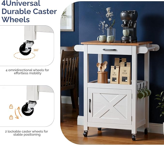 VINGLI Rolling Kitchen Cart with Microwave Stand, Storage Cabinet & Drawer, Small Coffee Cart with Side Hooks & Towel Rods, Compact Kitchen Island on Swivel Wheels, White
