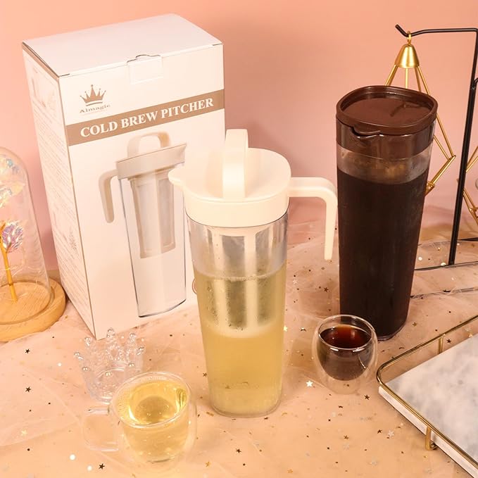 Cold Brew Tea Pitcher, Cold Brew Coffee Maker – 37 Fl Oz BPA-Free PP Pitcher with Durable Mesh Filter, Leak-Proof Cap, Comfortable Handle – Perfect for Fridge Side Door Storage & Ice Drinks
