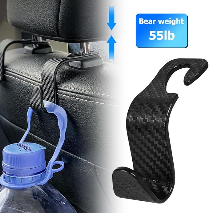 Car Back Seat Headrest Hooks, 4PCS Vehicle Backseat Storage Organizer Hanger, Multifunctional Auto Headrest Hidden Hook Universal for Handbag Purse Backpacks Bags(Carbon Fiber Black)