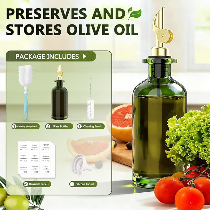 COOLMI Oil Dispenser for Kitchen - 12oz/350ml, Set of 2 Extra Thick Food Grade Glass Olive Oil Dispenser Bottle with Cleaning Brush, Stickers and Funnel (Gold)