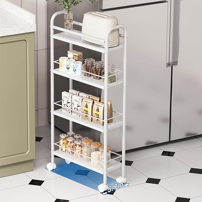 Slim Storage Cart, 4-Tier Small Rolling Cart with Wheels, 5.9" Deep, Narrow Bathroom Shelf Trolley for Kitchen, Bathroom, Laundry Room, White Standard 4-Tier (5.9" W x 33.6" H)