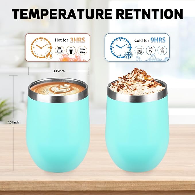 StarSpeed 12oz/8 Pack Wine Tumbler with lid, Stainless Steel Travel Mugs Stemless Double Wall Insulated Coffee Cup, Insulated Wine Glasses Travel Tumbler for Cold & Hot Drinks(Light Green, 8)