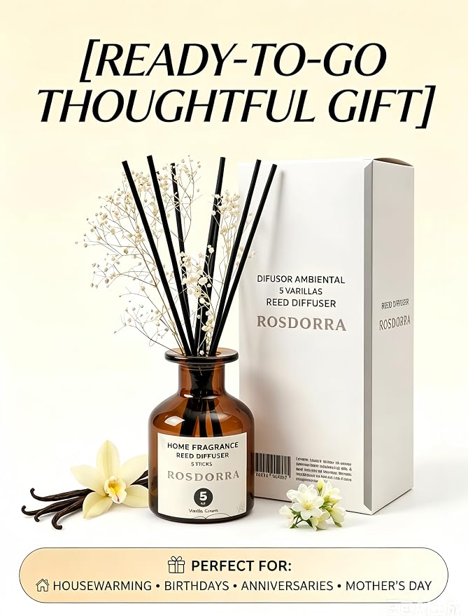 Reed Diffuser Set, Vanilla Cream Scent, 5 oz | Home Fragrance, 5 Sticks Included, Cozy sweet bean scent, 90 days fiber diffusion