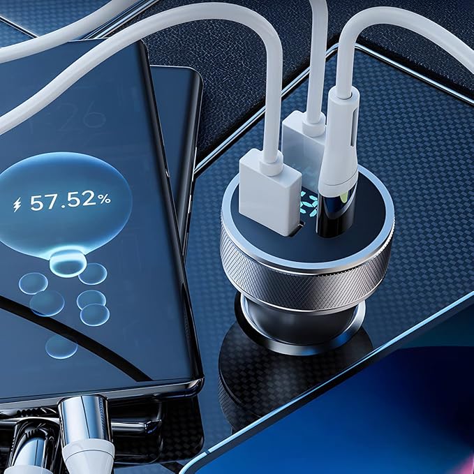 72W Fast Car Charger Adapter, Dual USB Fast Charging Type C Car Charger with LED Display Adapter, QC 3.0 PD Cigarette Lighter Adapter for Laptop Smartphone, 3 in 1 Power Delivery for All Car
