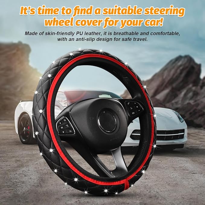 Bling Car Steering Wheel Cover, Rhinestones Elastic Leather Automotive Steering Wheel Protector, 15 Inch Sparkly Crystal Vehicle Interior Decor Accessories, Universal Fit (Red)