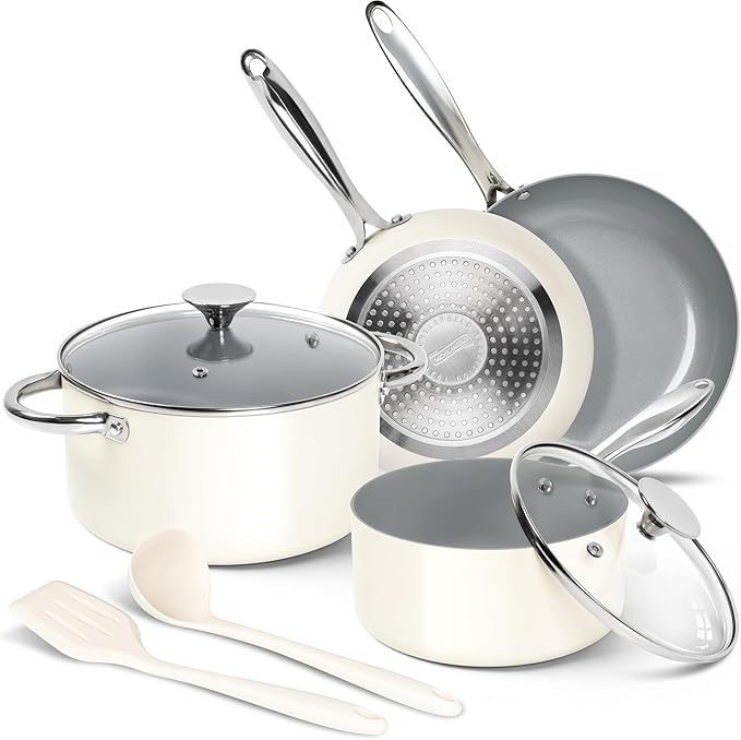 MICHELANGELO Pots and Pans Set Non Stick 8 Piece Ceramic Cookware Set Cream | PFAS-Free Cream Ceramic Nonstick Cookware Set for Eggs, Pancakes, Sauces, Low-Oil Cooking and Induction Ready, Fast Cleanup