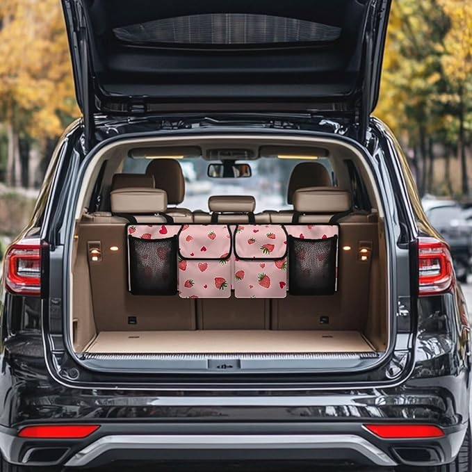 Strawberry Trunk Seat Organizer Back Seat Hanging Organizer for SUV, Sedan, Pink Trunk Oxford Cloth Bag, Equipped with Robust Elastic Net, Space Saving Expert