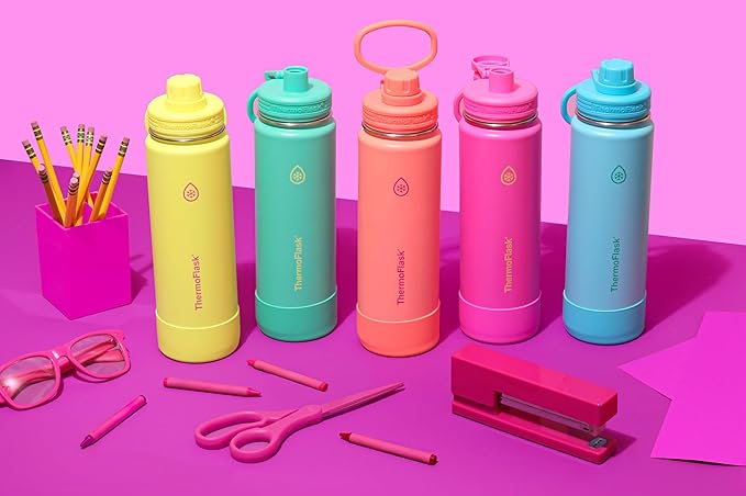 ThermoFlask 24 oz Double Wall Vacuum Insulated Stainless Steel Water Bottle with Spout Lid, Sunkissed Coral