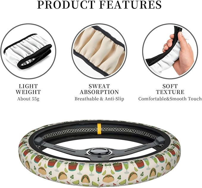 Tacos Burritos Margaritas Cilantro Neoprene Steering Wheel Covers Women Men Car Accessories, Universal 15 Inch Fit Auto, Suvs, Truck