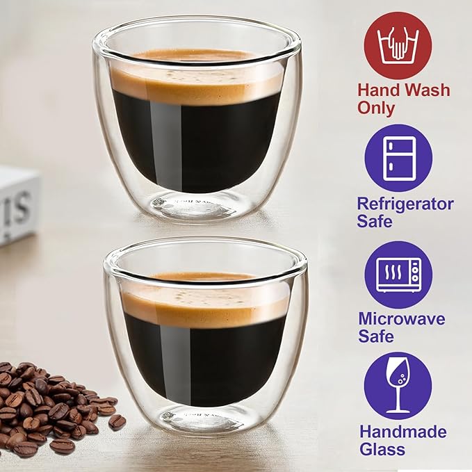 Double Wall Expresso Cups (Set of 2), 3 Ounce Glass Espresso Mugs - Clear, Double Walled, Insulated, Small Demitasse Cups for Espresso Machine - Microwave Safe