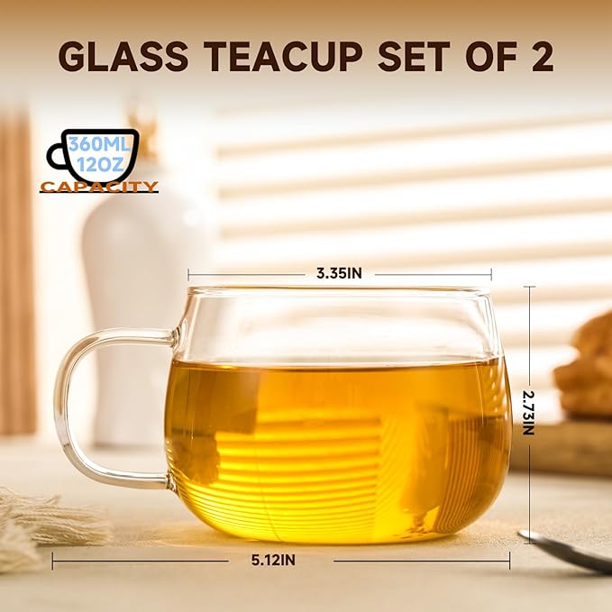 Glass Tea Cups Set of 2, Clear Borosilicate Glass Teacups with Handle for Tealover, Dishwasher & Microwave Safe Large Coffee Mugs for Espresso Cappuccino Latte Juice, 12OZ/360ML