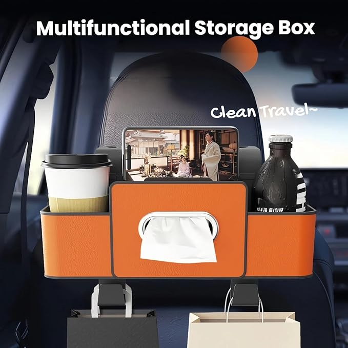 Car Organizers and Storage Box, 2026 New Multifunctional Car Seat Back Storage Box, Multifunctional Car Back Seat Storage Organizer-Carstorage Bag with 2 Cup Holders, Tissue Box, Hooks (Brown)