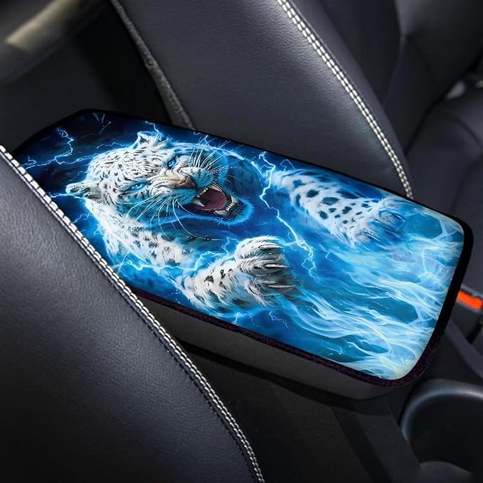 Lightning Leopard Print Car Arm Rest Cover Pad Dust-Proof Anti-Slip Center Console Cushion Pad Universal Car Interior Decor Accessories for Truck Sedan SUV, Easy to Install