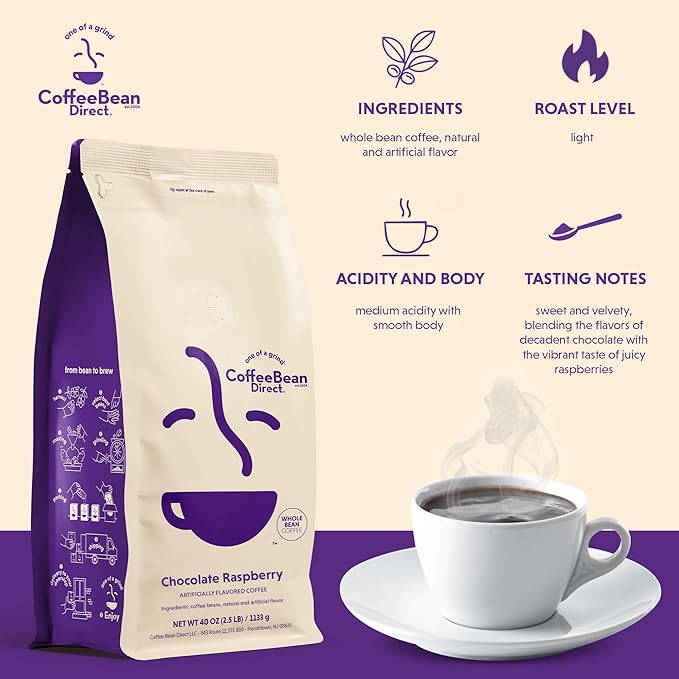 Coffee Bean Direct Chocolate Raspberry Flavored, Whole Bean Coffee, 2.5 Pound Bag (Pack of 1)