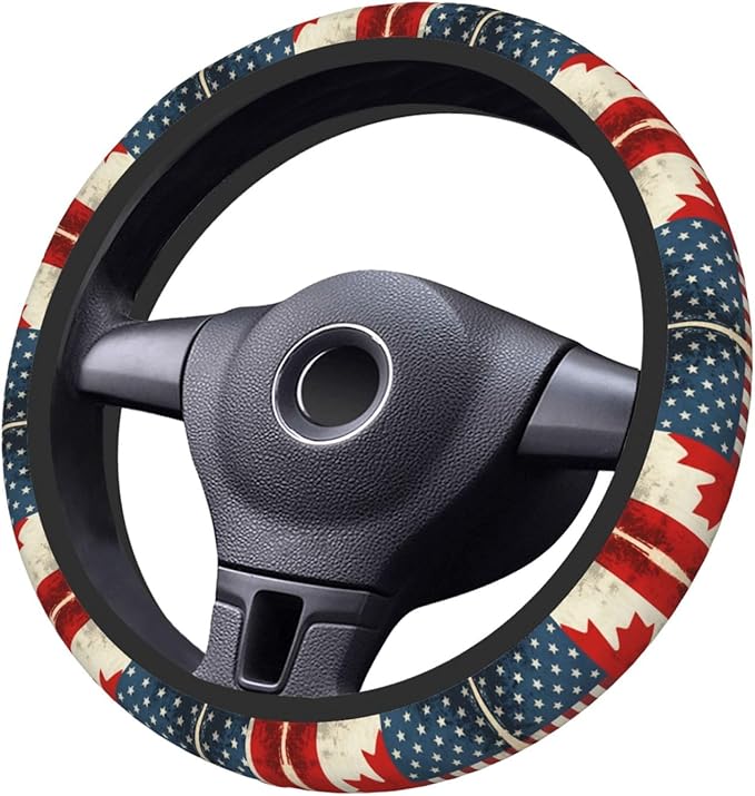 Neoprene Steering Wheel Cover Vintage Canadian America Flag Car Steering Wheel Cover Universal Fit for Most Cars