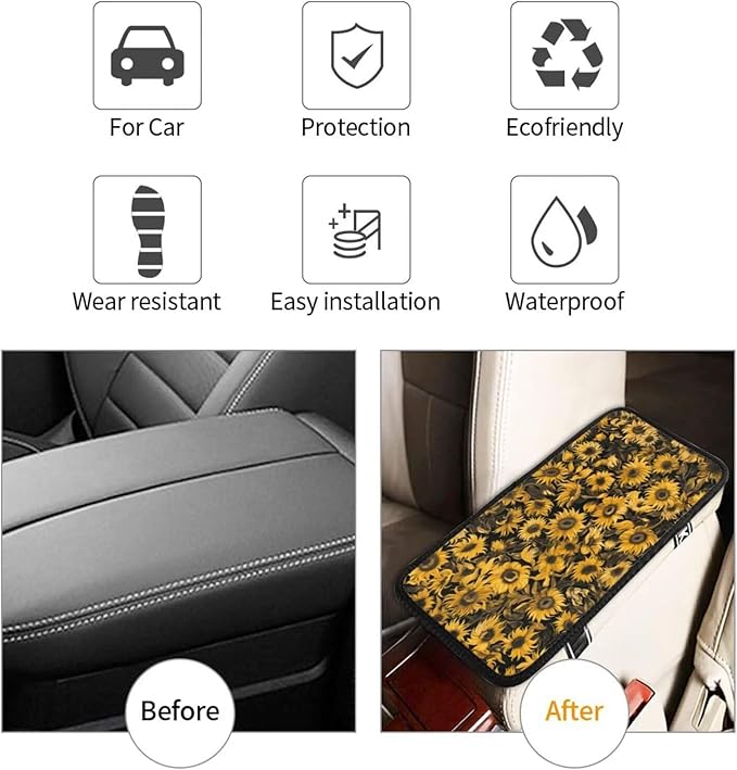Car Center Console Cushion Pad Yellow Sunflower Universal Armrest Seat Box Cover Protector Cute Flower Floral Armrest Seat Box Cover Protector for Most Vehicle, SUV, Truck, Sedans