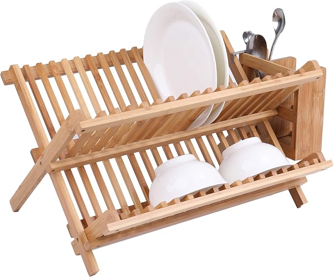 Lawei Bamboo Dish Drying Rack with Utensil Holder - Collapsible Dish Drainer Foldable Dish Rack Bamboo Plate Rack for Plates, Cups, Mugs, Utensil, Flatwares