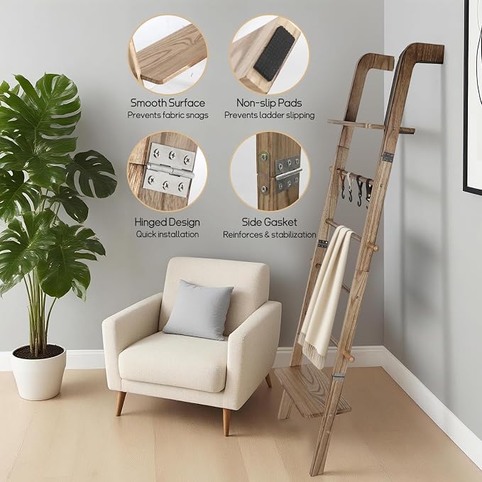 Wooden Ladder with Shelf for Room Decor, 6-Tier Decor Ladder with Non-Slip Mat & Hooks, Farmhouse Style Leaning Wall Display Holder