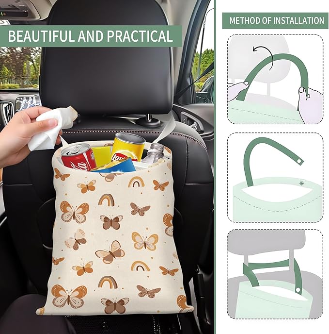 Cute Car Trash Can, Hanging Canvas Car Back Seat Organizer and Storage Bag, Funny Car Trash Bag for Travelling, Outdoor Cute Beige Butterfly