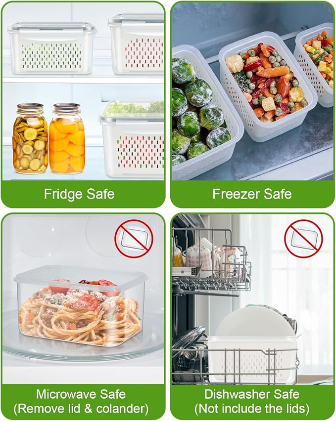 TBMAXS 4 Pack Food Storage Containers Fruit Containers for Fridge with Colander Airtight BPA Free Plastic Berry Keeper Container Produce Saver Vegetables Keep Fresh