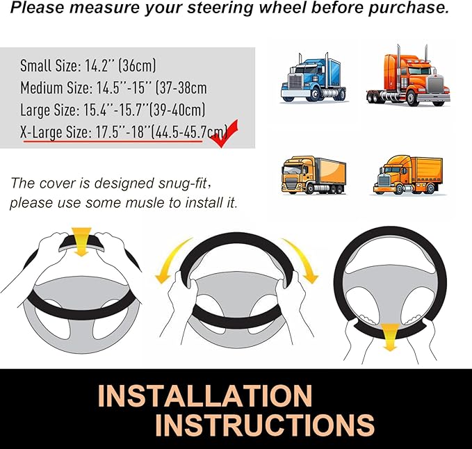 PINCTROT XL Size 17.5-18 Inch Great Grip Steering Wheel Cover for Semi Truck, Fits RV, Big Rig Trucker, 18 Wheeler and Classic Cars, Anti-Slip Design 17.5-18 Inch (All Black)