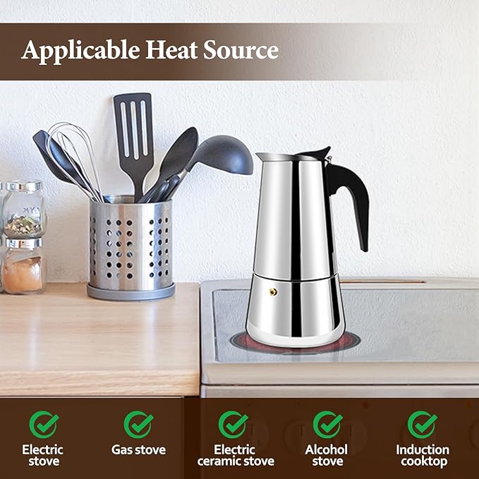6 Cup Moka Pot Percolator Italian Coffee Maker 300ml Stovetop Espresso Mocha Stainless Steel Greca Coffee Maker Classic Cafe Makers Suitable for Induction Cookers Ceramic Stoves Straight