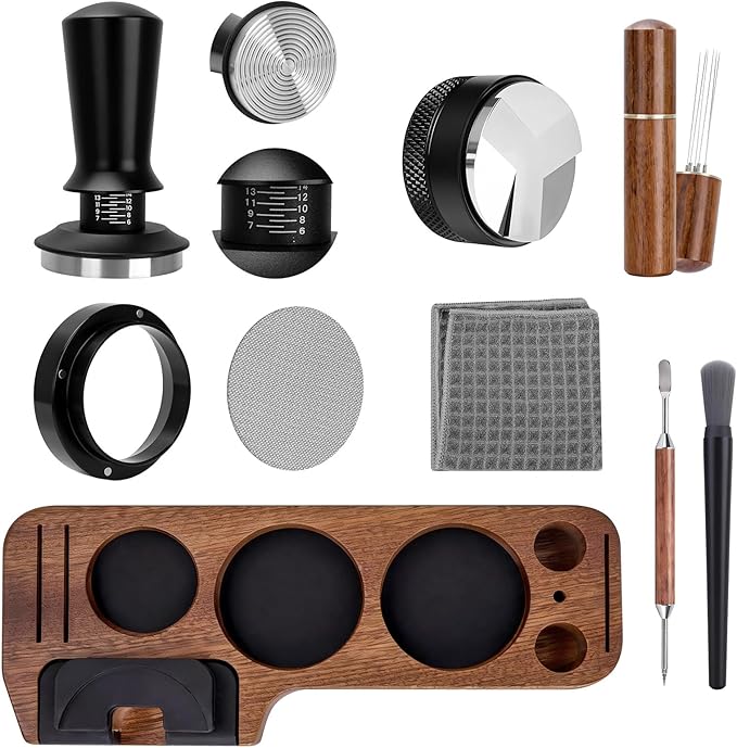 9 Pack Espresso Tamper Station&Coffee Distributor Tamper&Espresso WDT Stirrer&Coffee Tamping&Brush&Coffee Dosing Funnel&Espresso Puck Screen, Latte Art pen and Towel (54 mm)