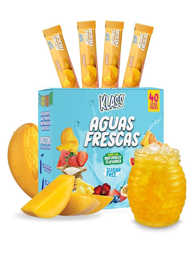 Klass Aguas Frescas, Powdered Drink Mix, 40 Singles Zero Sugar & Caffeine-Free Powder Packets, Water Drink Mix, Flavor: Mango - 5 Calories Per Packet & Natural Flavors