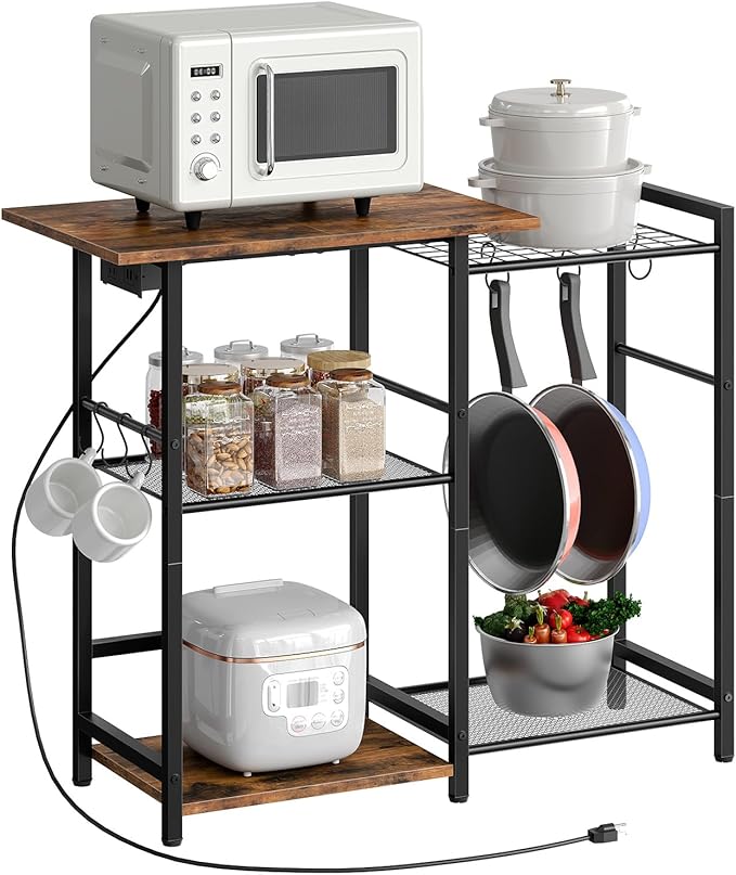 HOOBRO Bakers Rack with Power Outlet, Microwave Stand with Pots Rack, Kitchen Stand, Coffee Bar Table with 6 S Hooks, Kitchen Utility Storage Shelf for Spices, Pots, Black and Rustic Brown BF15UHB01G1