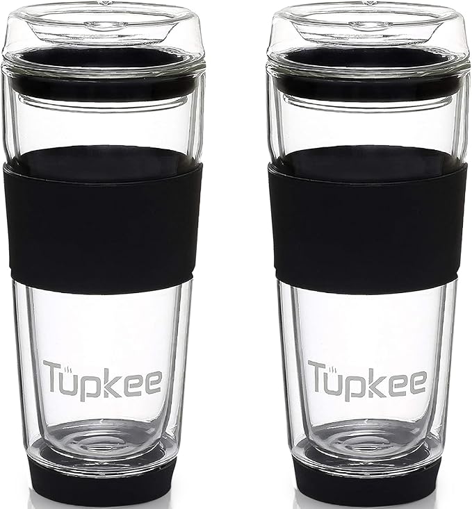 Tupkee Double Wall All Glass Tumbler - 14-Ounce, Reusable Insulated Tea/Coffee Mug & Lid, Hand Blown Glass Travel Mug - Black - 2 Pack