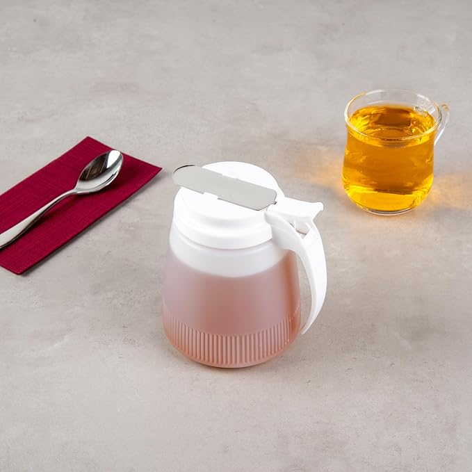 Restaurantware-Chef 101 32 Ounce All Purpose Syrup Dispensers, 10 Honey Dispensers - White Top, Stainless Steel Slide Cover, Plastic Pancake Syrup Bottle, Perfect For Diners, Restaurants, Home