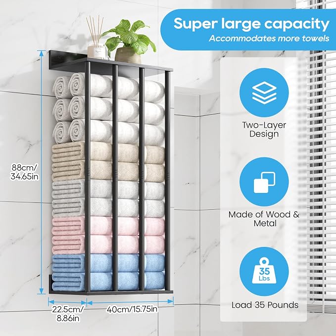 Towel Racks for Bathroom Wall Mounted, Updated 4 Bar Wall Towel Holder | Large Bathroom Towel Storage Rack for Rolled Towels, Modern Metal Towel Organizer Shelf with Wooden Storage Shelf