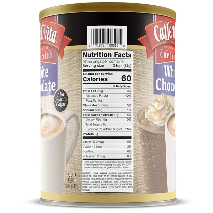 Caffe D'Vita White Chocolate Cappuccino Mix - White Chocolate Powder, Gluten Free, No Cholesterol, No Hydrogenated Oils, No Trans Fat, 99% Caffeine Free, Instant Cappuccino Mix - 3 Lb Can
