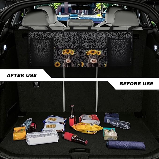 Sunflower Highland Cow Car Trunk Organizer Black Leopard Print Hanging Cargo Storage Bag Large Capacity Car Organization