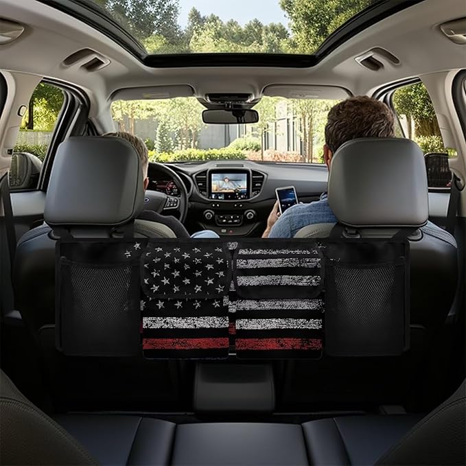 American Flag Camo Car Trunk Organizers, 37.1" x 11.8" Backseat Hanging Organizer with 4 Large Storage Bag, Waterproof Car Organizer with Adjustable Strap, Road Trip Large Capacity Bag
