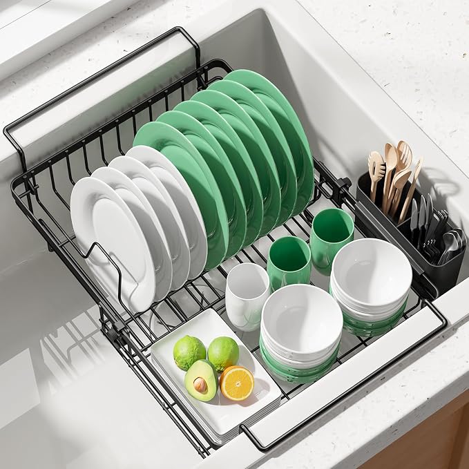 Kitsure Dish Drying Rack – Expandable in-Sink or Over-Sink Dish Rack for Kitchen Counter, Rust-Resistant Metal Dish Strainer with Cutlery Holder, 17.13"-20.66" L x 13.90" W x 5.67" H, Black