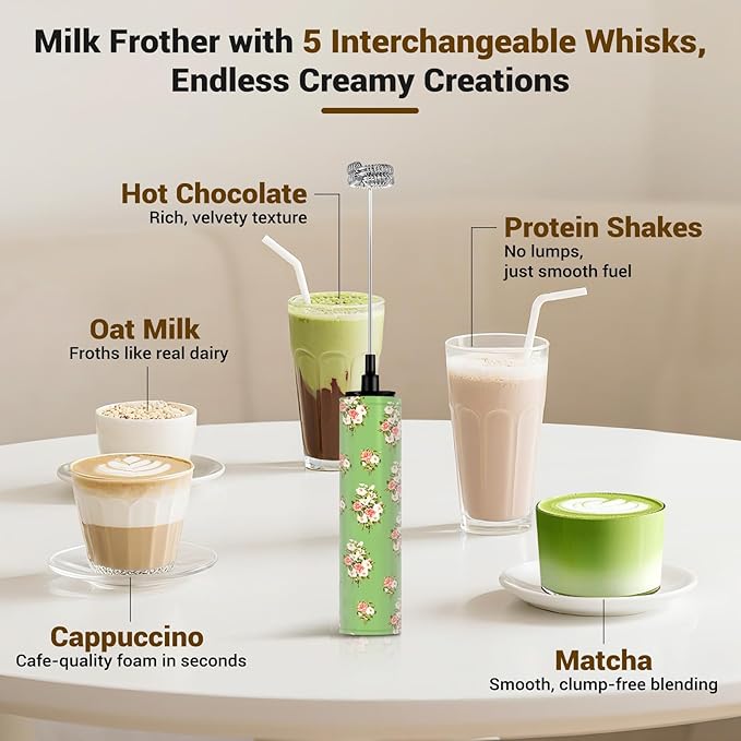 Milk Frother Handheld Rechargeable - 2-Speed Electric Whisk with 5 Detachable Heads (Frother/Mixer/Whisk) for Coffee, Latte, Cappuccino & Matcha, Drink Mixer (Flower 9)