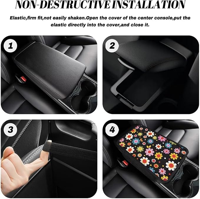 BIGCARJOB Stylish Daisy Print Armrest Pad with Pocket Universal Car Center Console Cover Hippie Daisy Print Car Armrest Storage Box Middle Console Cover Universal Armrest Cover Cushion