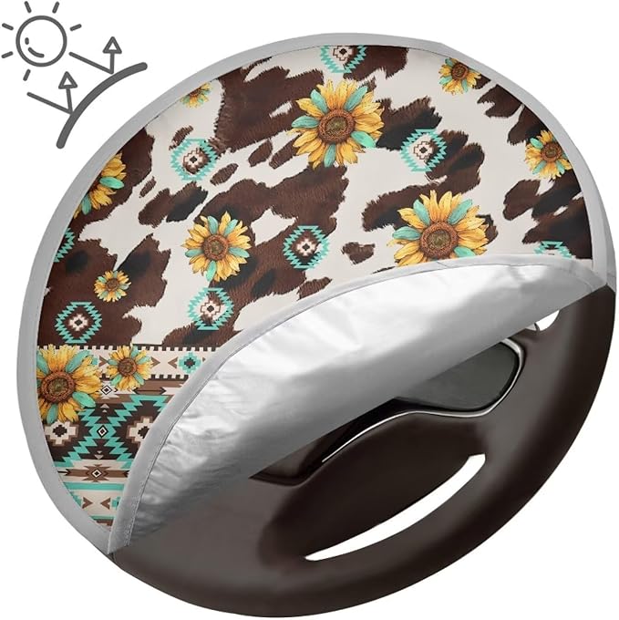 Universal Car Steering Wheel Sun Shade Cover Easy to Install Aztec Tribal Brown Cow Sunflower Pattern Steering Wheel Sun Cover Steering Wheel Sun Heat Shield for Car SUV Truck Van