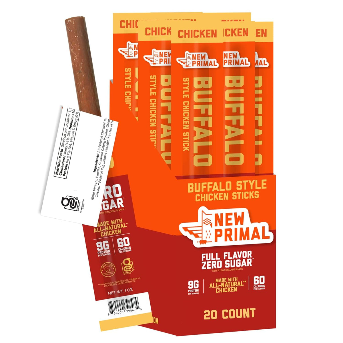 New Primal Buffalo Chicken Sticks, Keto, Gluten Free Healthy Snacks, Sugar Free Low Carb High Protein, Jerky Meat Stick, 9g Protein, 5 Pack